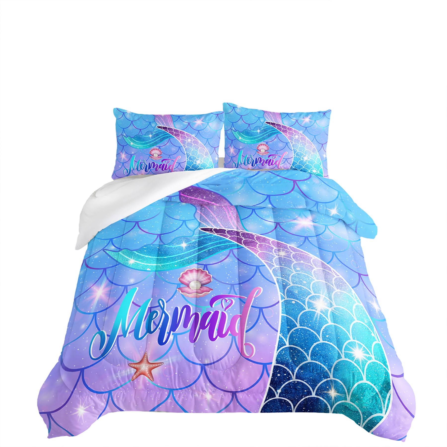 Tuzaovy Mermaid Twin Comforter Set for Girls,Twin Mermaid Bedding Sets for Girls,Mermaid Bed Set Twin for Girls,Rainbow Scales Mermaid Bedding Set,Bule Bedding Comforter Set,Mermaid Quilt Set Twin