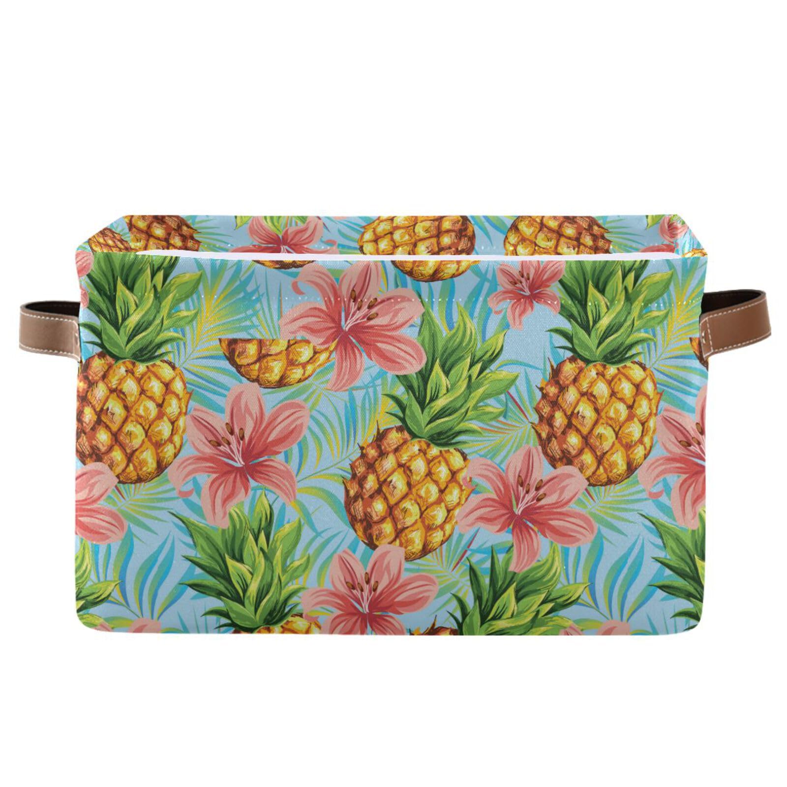 xigua Pineapple Storage Basket 1 Pack, Foldable Canvas Fabric Rectangular Storage Bin with Handles for Home, Closet, Office, Bedroom