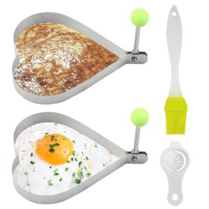 heart shaped egg pancake molds, 2 pack egg ring for frying eggs and egg mcmuffins stainless steel hearts egg mold pancake ring with oil brush & egg separator for love breakfast sandwiches