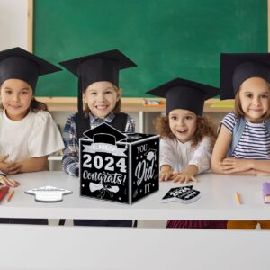 Graduation Card Box 2024 Graduation Decorations, Congrats Grad Card Box with 48 PCS Advice Cards, Black and Sliver Class of 2024 Graduation Gift Card Box for College High School Grad Party Supplies