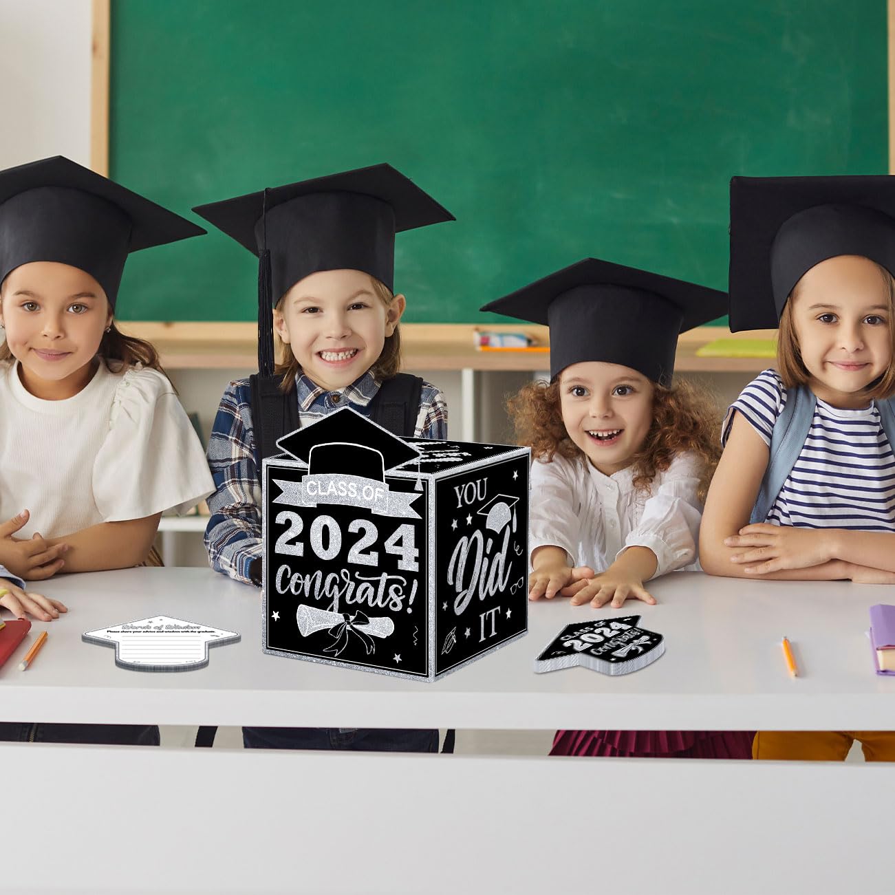 Graduation Card Box 2024 Graduation Decorations, Congrats Grad Card Box with 48 PCS Advice Cards, Black and Sliver Class of 2024 Graduation Gift Card Box for College High School Grad Party Supplies