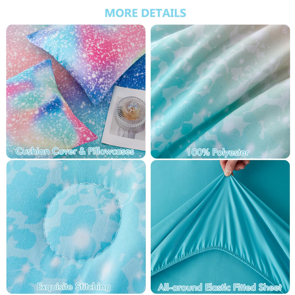 PERFEMET Pink Green Girls Twin Comforter Set, 6 Pieces Colorful Rainbow Kids Bedding Sets, Tie Dye Ombre Glitter Bed in A Bag Comforter Set with Sheets