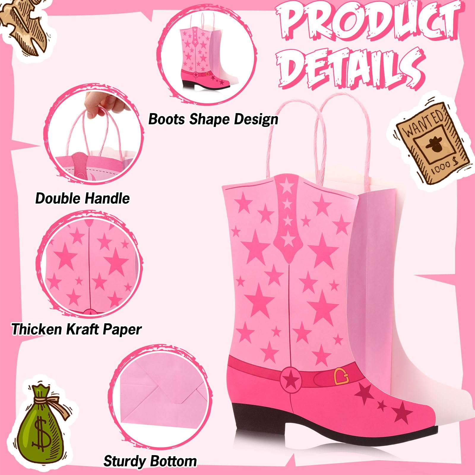 Mooliwe 16 Pcs Cowboy Cowgirl Boots Paper Bags Western Theme Party Favors Bags Wild West Girls Kraft Bags Bachelorette Party Theme Last Rodeo Party Supplies Cowgirl Party Favors (Pink)