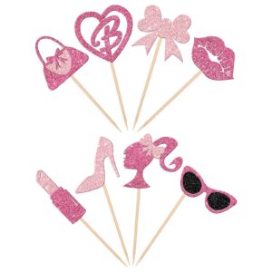 Biendo 32 PCS Glitter Pink Princess Cupcake Toppers Girl Cupcake Picks Handbag Glasses Bow Tie Lipstick High Heel Cake Decorations for Girl Princess Theme Bridal Shower Wedding Birthday Party Supplies