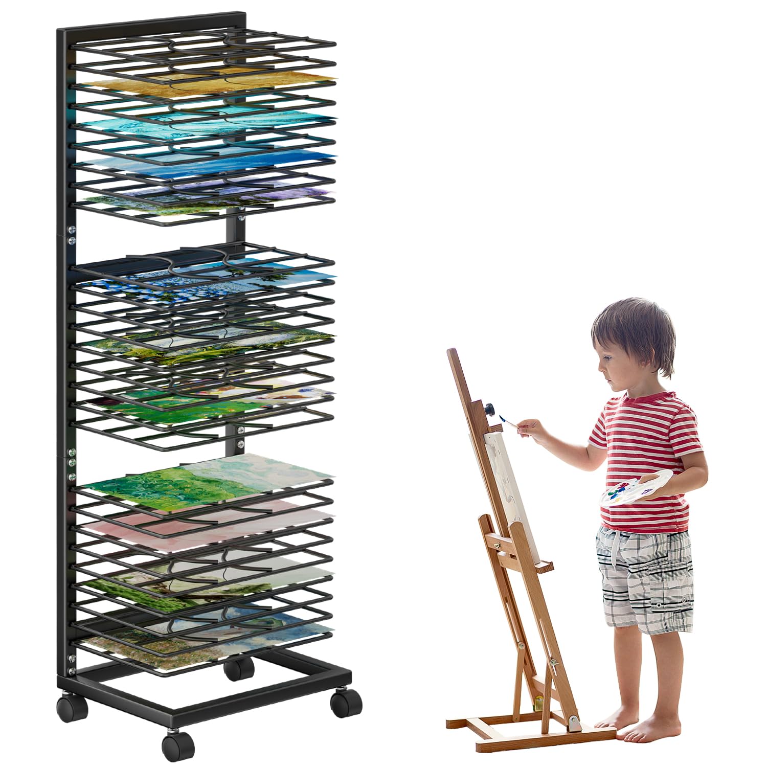 WISIMMALL Art Drying Rack, Paint Drying Rack with 27 Removable Shelves, Lockable Wheels, Metal Art Storage Rack, Art Drying Rack for Classroom, Art Studios and Schools