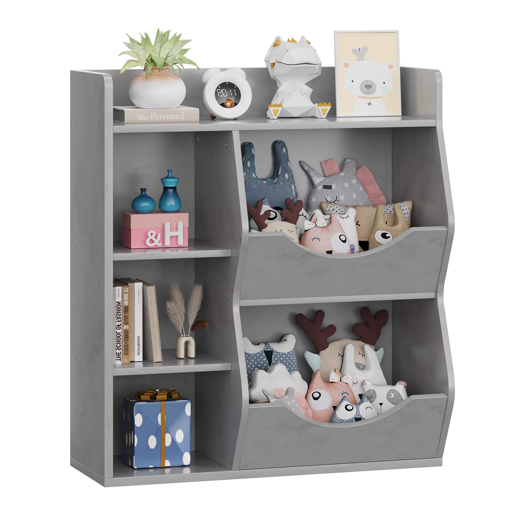 IDEALHOUSE 5-Cubby Kids Bookshelf and Bookcase for Storage Books and Toys, Toy Storage Organizer for Boys and Girls, Multi Shelf for Playroom, Bedroom, Nursery and Kid's Room (Grey)