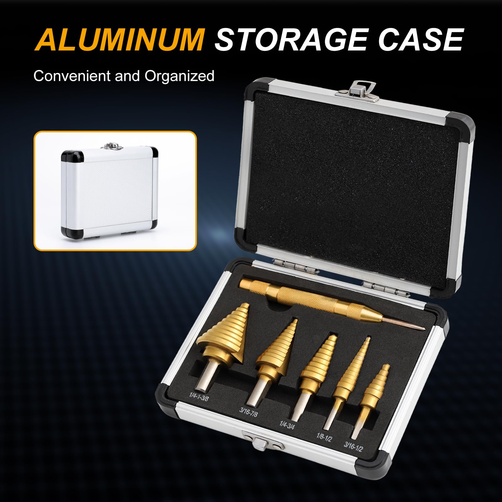 WORTURE 5PCS Step Drill Bit Set with Automatic Center Punch, HSS Titanium Coated Unibit Step Drill Bits, 50 Sizes Step Bits for Metal, Aluminum, Wood, Plastic, with Storage Case