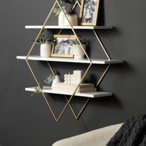 Kate and Laurel Daxton Modern Wood and Metal Diamond Wall Shelf, 31 x 8 x 31, White and Gold, Glam Geometric Wall Organization for Bathroom Storage or Living Room Display