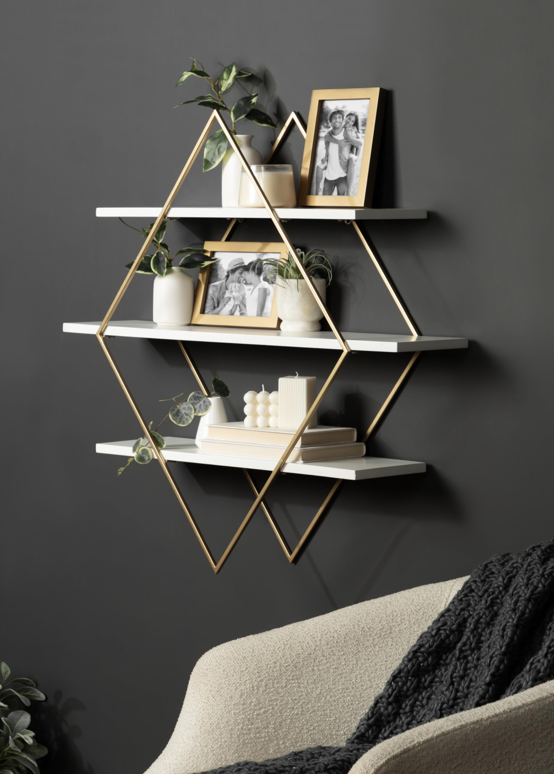 Kate and Laurel Daxton Modern Wood and Metal Diamond Wall Shelf, 31 x 8 x 31, White and Gold, Glam Geometric Wall Organization for Bathroom Storage or Living Room Display