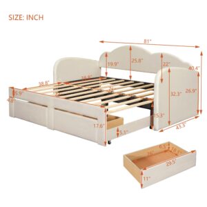 Twin Size Daybed with Storage Drawers, Extending Upholstered Sofa Bed with Trundle, Twin to King Design Sleeper Sofa with Cloud-Shaped Backrest for Living Room Apartment, Beige