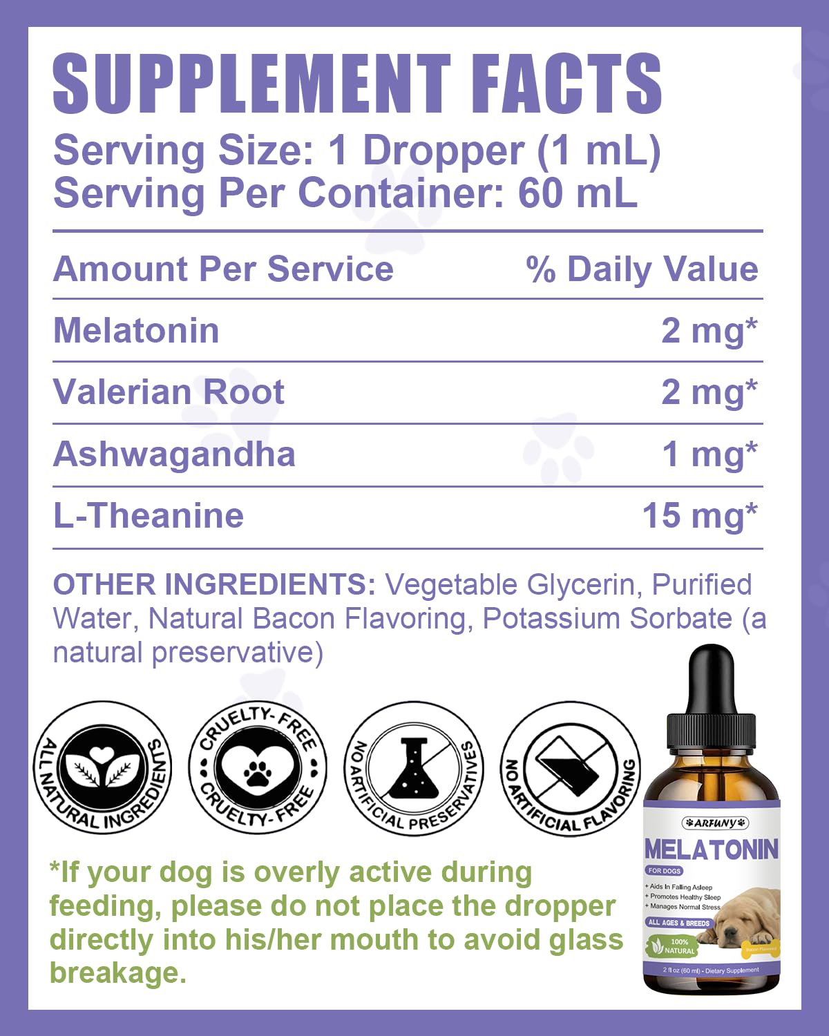 Melatonin for Dogs | 60ML Natural Calming for Dogs Anxiety & Stress with Melatonin, Valerian, Ashwagandha & L-Theanine | Liquid Melatonin for Dogs Helps with Sleep, Thunder, Fireworks | 2 oz, Bacon