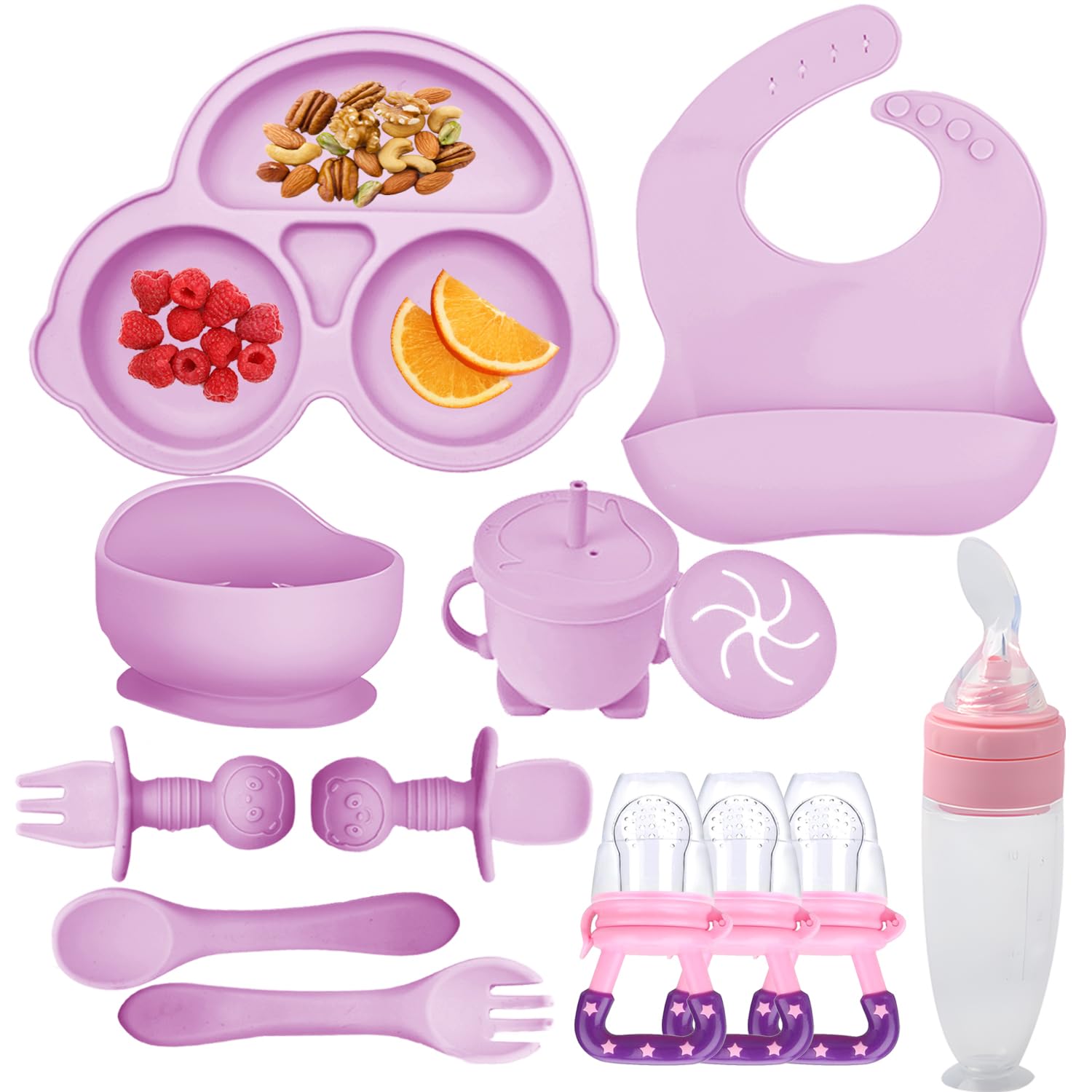 MIICASA Silicone Baby Feeding Set, Baby Led Weaning Supplies Kit With Suction Bowl & Car Plate, Bib, Spoon, Fork, Cup - Food-Grade Silicone, Dishwasher-Safe, No BPAs - For 3+ Months