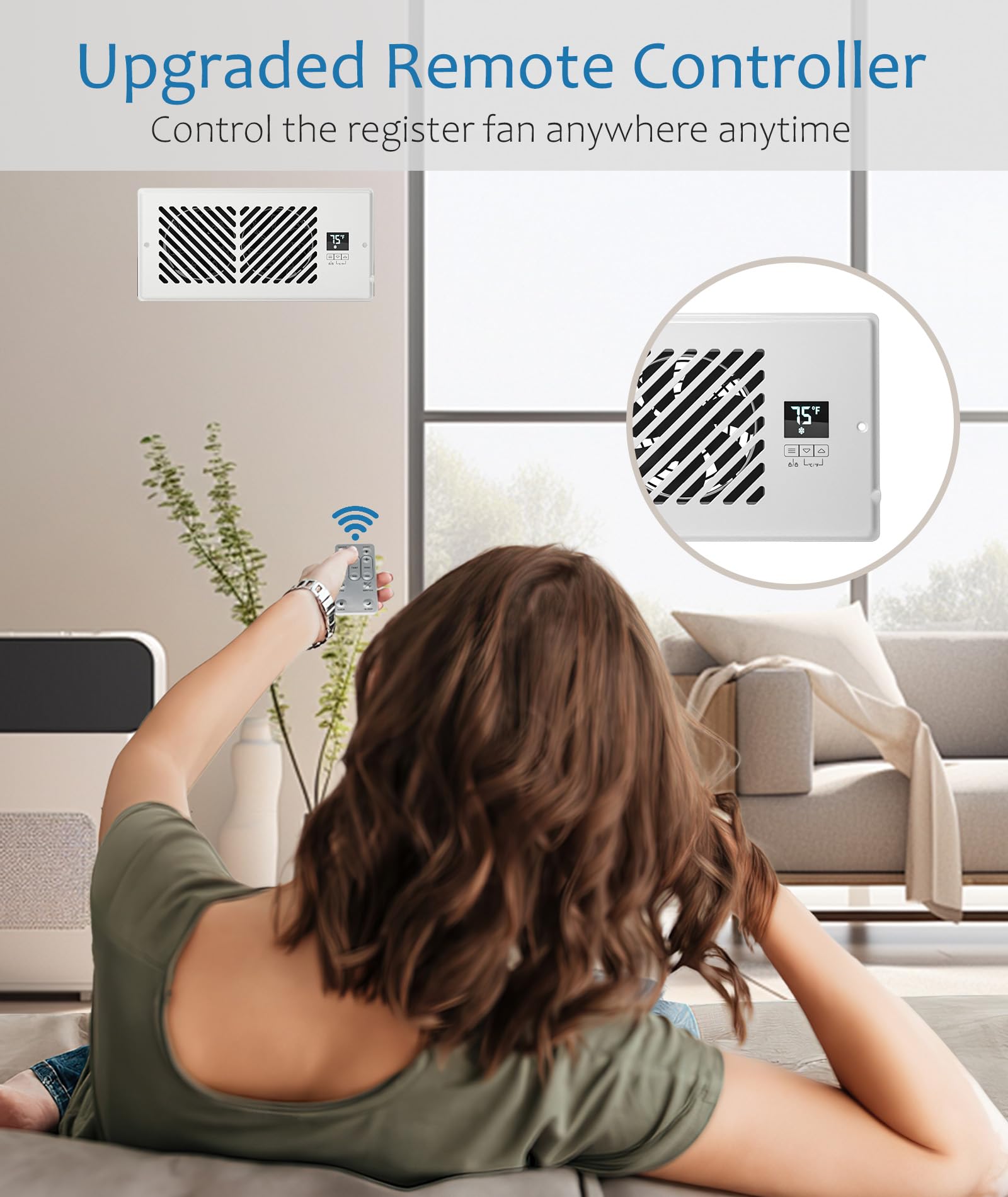 Abida 4" x 10" Register Booster Fan with Thermostat Control, Quiet Smart Register Vent with 10 Gear Wind Speed, Aluminum Frame Heating Cooling AC Vent (White, With Remote)