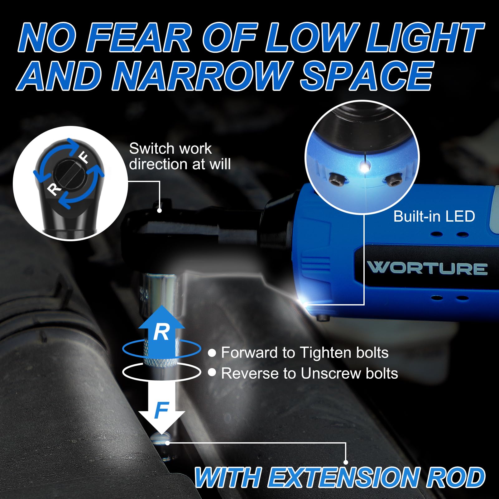 Worture Cordless Electric Ratchet Wrench, 40N.m 12V Power Ratchet Tool Kit with 2 * 2000mAh Lithium-ion Batteries, 1 * Fast Charger, 7 * Sockets, 1 * 1/4 Inch Adaptor, 1 * Extension Bar