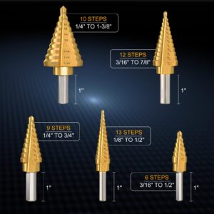 WORTURE 5PCS Step Drill Bit Set with Automatic Center Punch, HSS Titanium Coated Unibit Step Drill Bits, 50 Sizes Step Bits for Metal, Aluminum, Wood, Plastic, with Storage Case