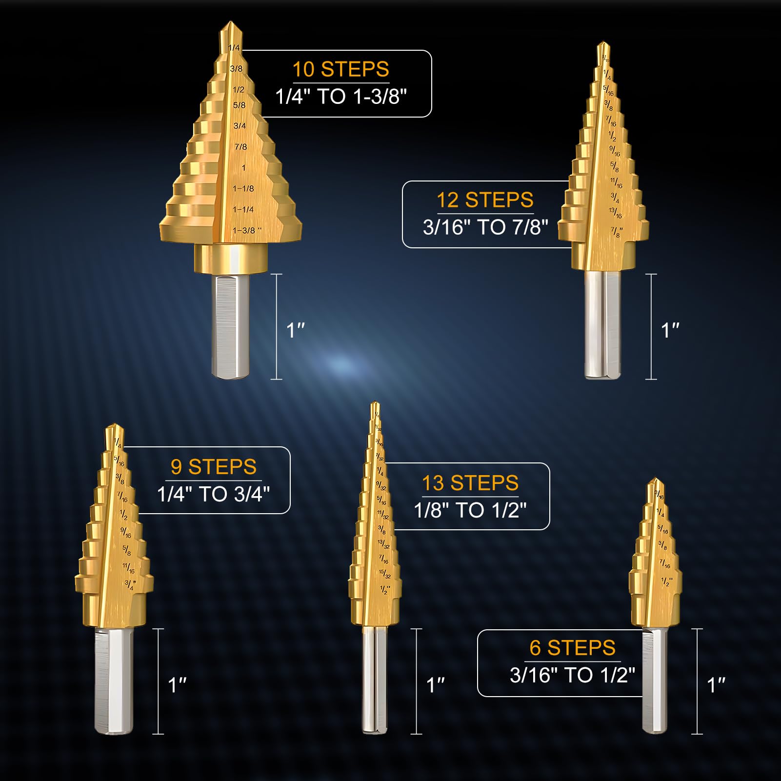 WORTURE 5PCS Step Drill Bit Set with Automatic Center Punch, HSS Titanium Coated Unibit Step Drill Bits, 50 Sizes Step Bits for Metal, Aluminum, Wood, Plastic, with Storage Case