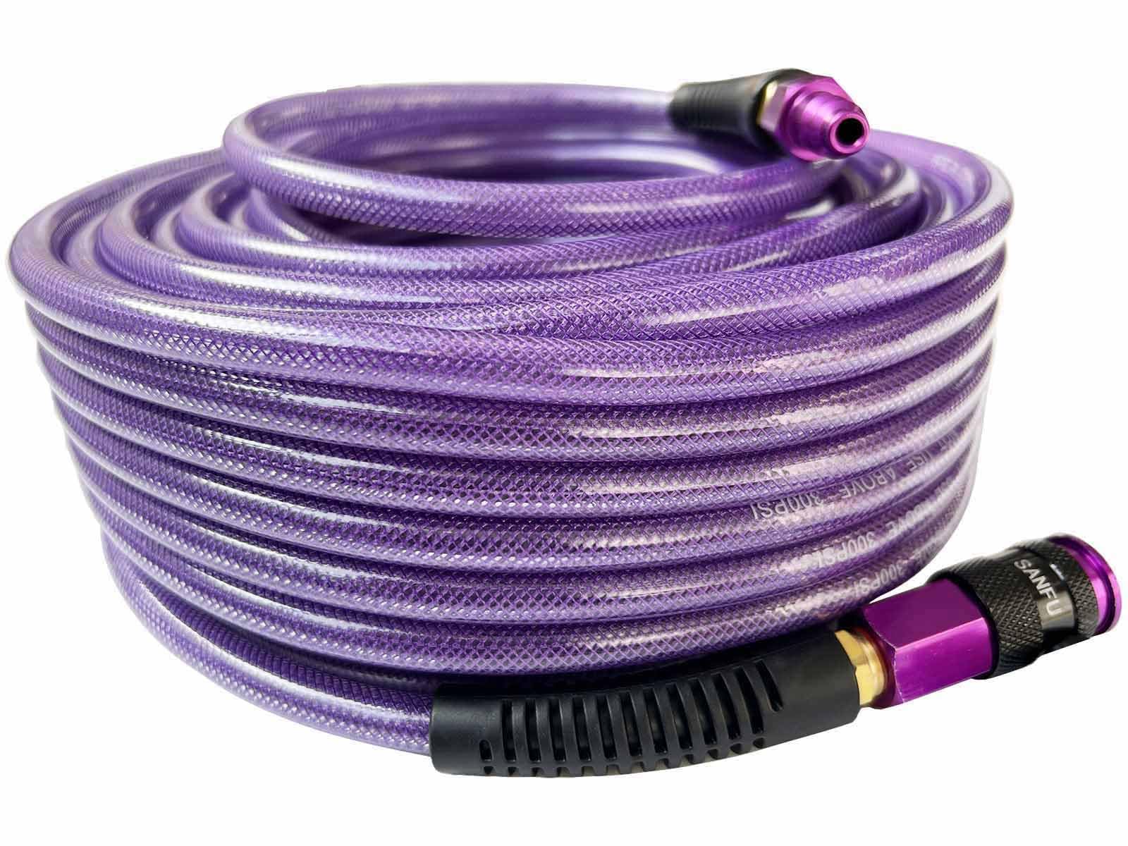 SANFU Polyurethane(PU) Air Hose 1/4-Inch x 100ft Reinforced, lightweight Anti-low temperature 300PSI with 1/4” Swivel Industrial Aluminum Quick Coupler and Plug, Bend Restrictor,Purple(100’)