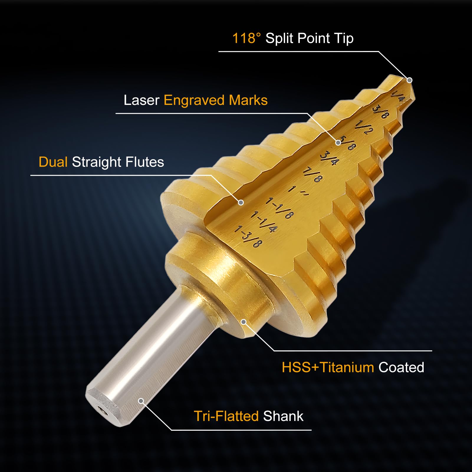 WORTURE 5PCS Step Drill Bit Set with Automatic Center Punch, HSS Titanium Coated Unibit Step Drill Bits, 50 Sizes Step Bits for Metal, Aluminum, Wood, Plastic, with Storage Case