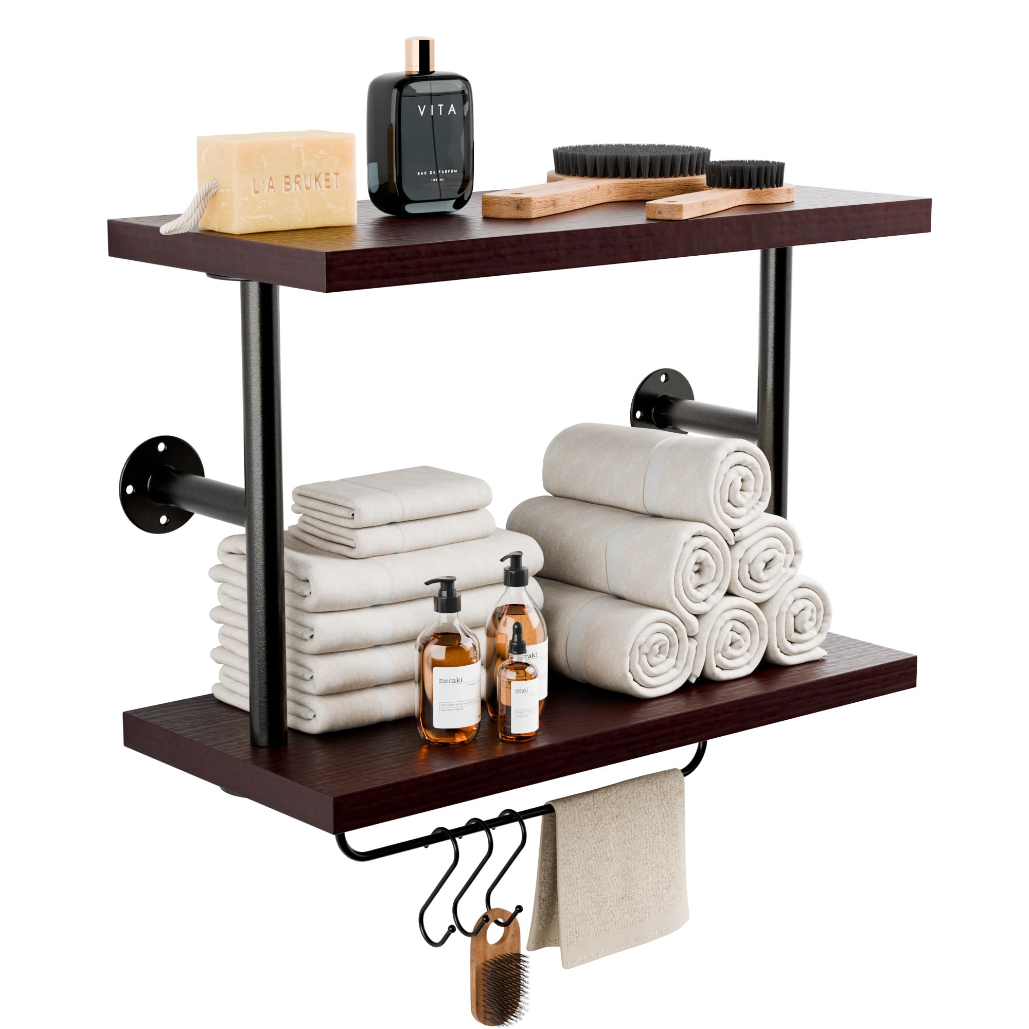 WOPITMER Industrial Pipe Shelving, 2-Tier, Floating Shelves with Hooks & Tower Bar, Rustic Farmhouse Style, Red Brown, for Bathroom, Kitchen, Bedroom & Home