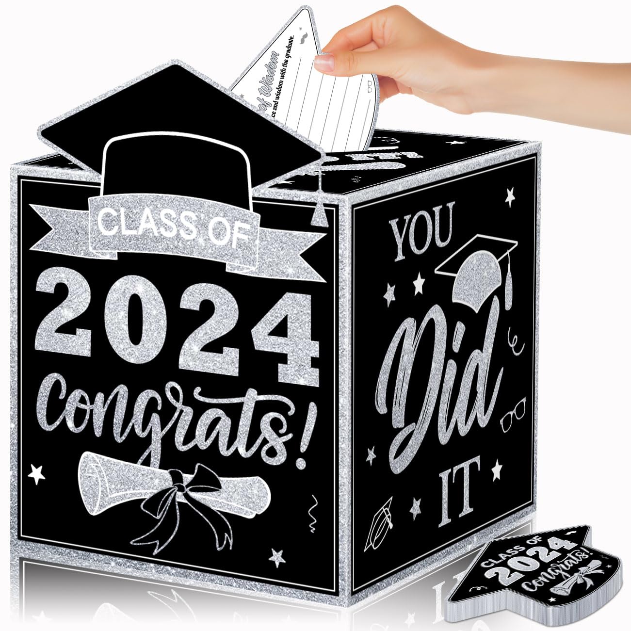 Graduation Card Box 2024 Graduation Decorations, Congrats Grad Card Box with 48 PCS Advice Cards, Black and Sliver Class of 2024 Graduation Gift Card Box for College High School Grad Party Supplies