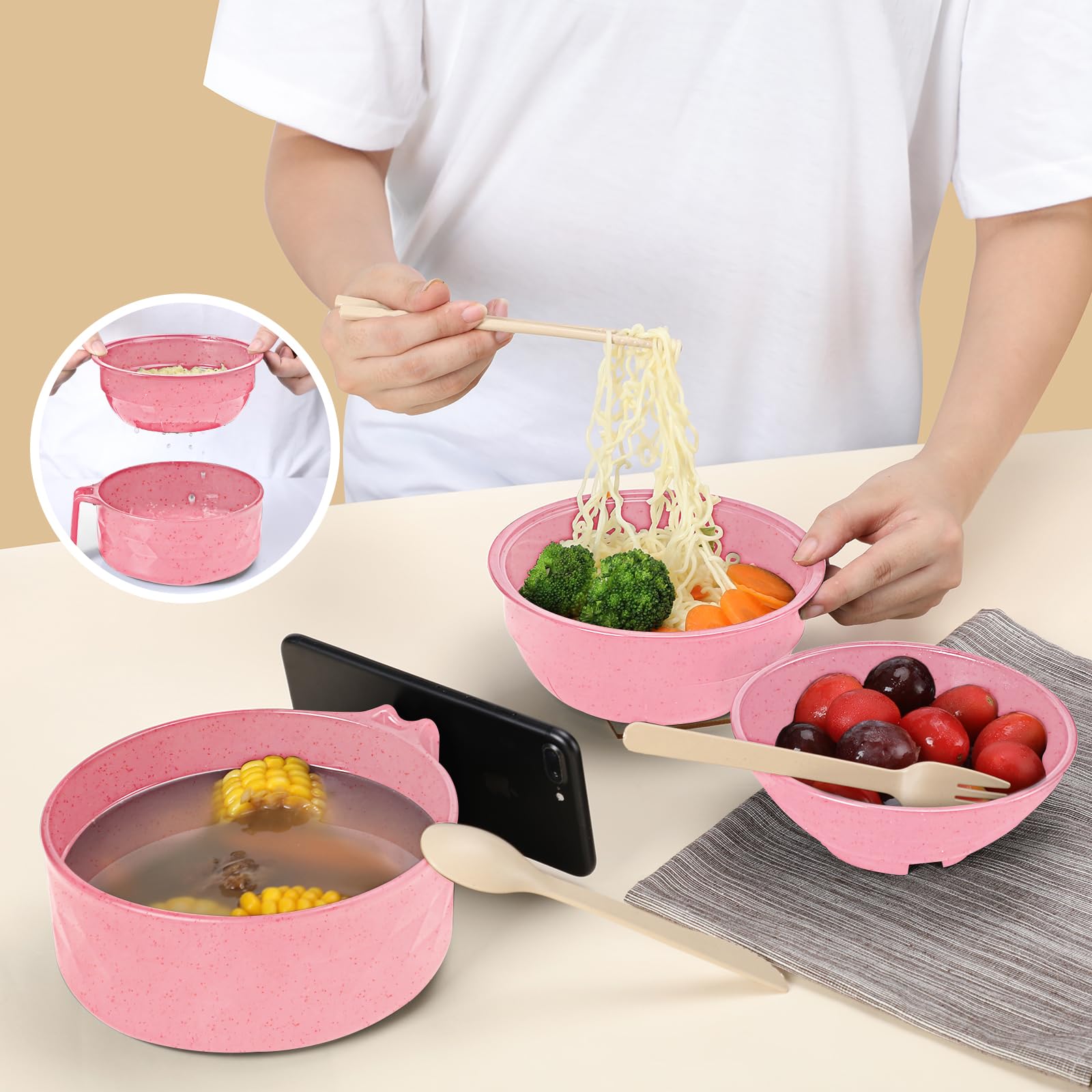 Microwave Ramen Cooker,Ramen Bowl With Chopsticks and Spoon,For Office College Dorm Room Essentials Instant Lunch Ideal for Shin and Buldak Ramen Noodle On The Go, Dishwasher-Safe,BPA-Free. (Pink)