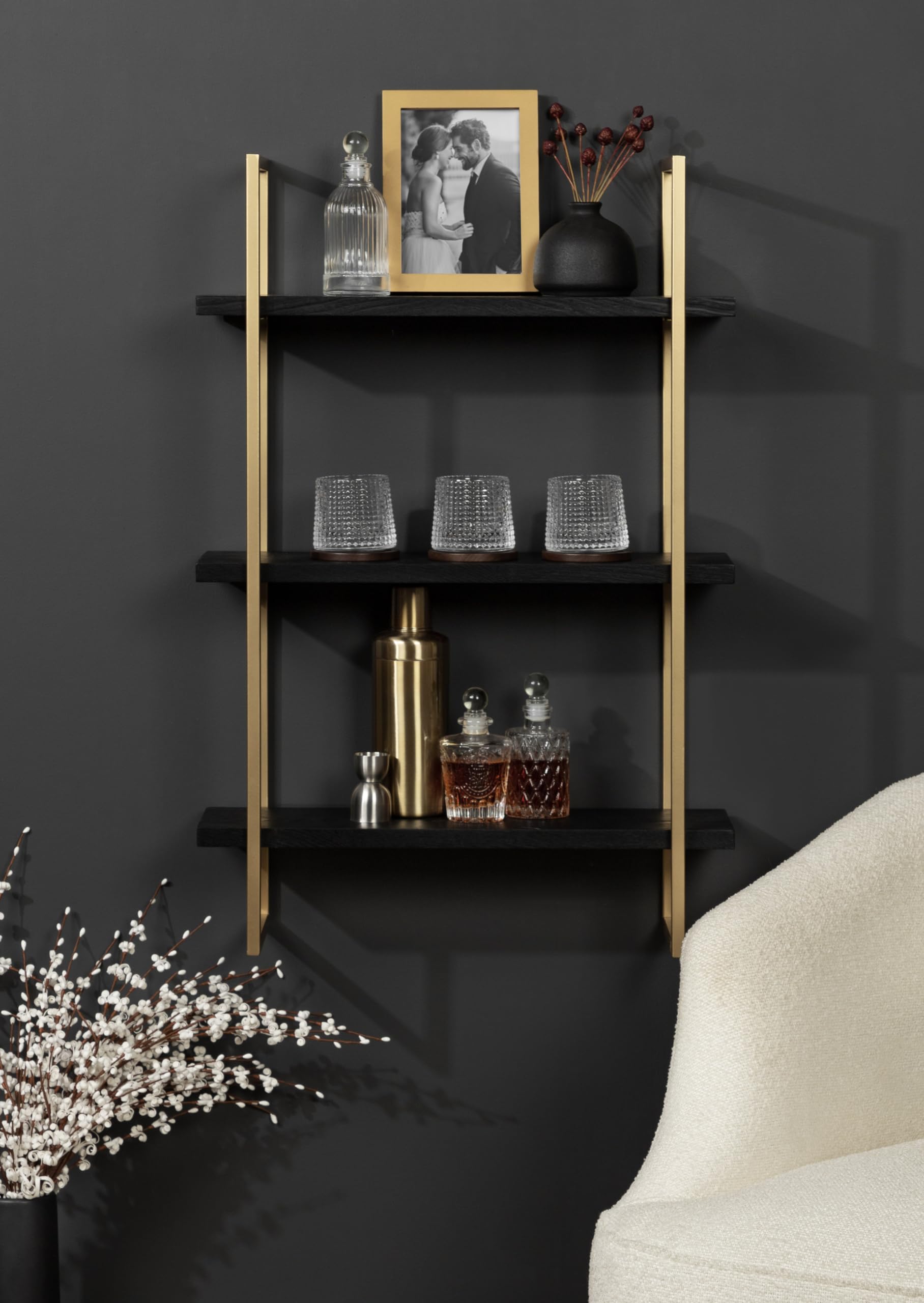 Kate and Laurel Leigh Modern 3 Tier Wall Shelf, 20 x 7 x 30, Black and Gold, Decorative Contemporary Glam Multi-Tiered Shelf Wall Organizer for Storage and Display