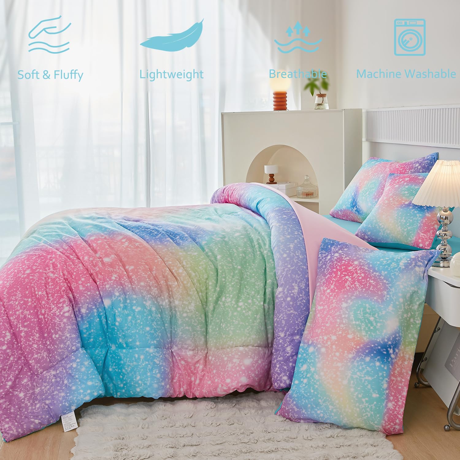 PERFEMET Pink Green Girls Twin Comforter Set, 6 Pieces Colorful Rainbow Kids Bedding Sets, Tie Dye Ombre Glitter Bed in A Bag Comforter Set with Sheets