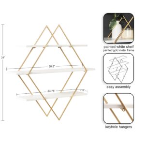 Kate and Laurel Daxton Modern Wood and Metal Diamond Wall Shelf, 31 x 8 x 31, White and Gold, Glam Geometric Wall Organization for Bathroom Storage or Living Room Display