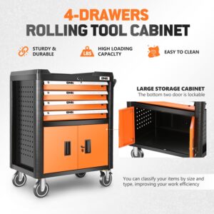 DNA MOTORING 4-Drawers Roller Tool Chest Cabinet with Casters, Locking System, Top Worktop, for Garage Warehouse Workshop, Orange, TOOLS-00402