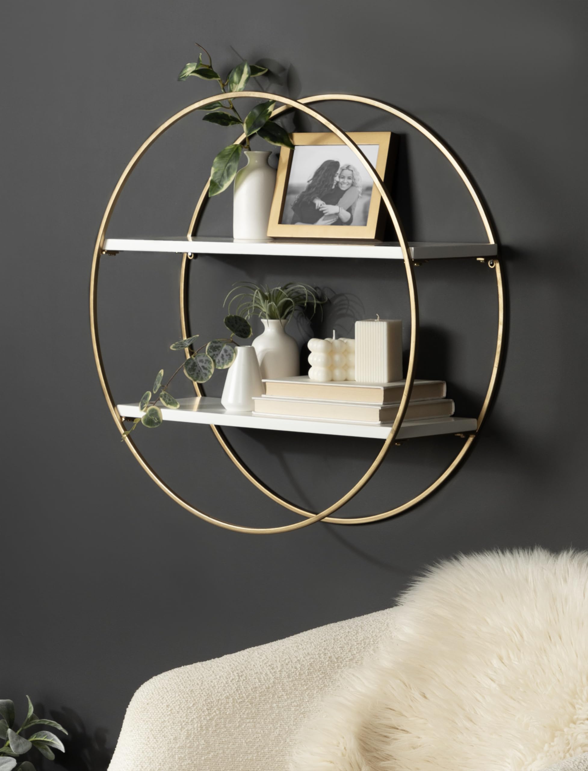 Kate and Laurel Sequoia Modern Round Wall Shelf, 24 Inch Diameter, White and Gold, Contemporary Glam 2-Tier Floating Shelf Decor for Living Room, Bedroom, or Bathroom Display