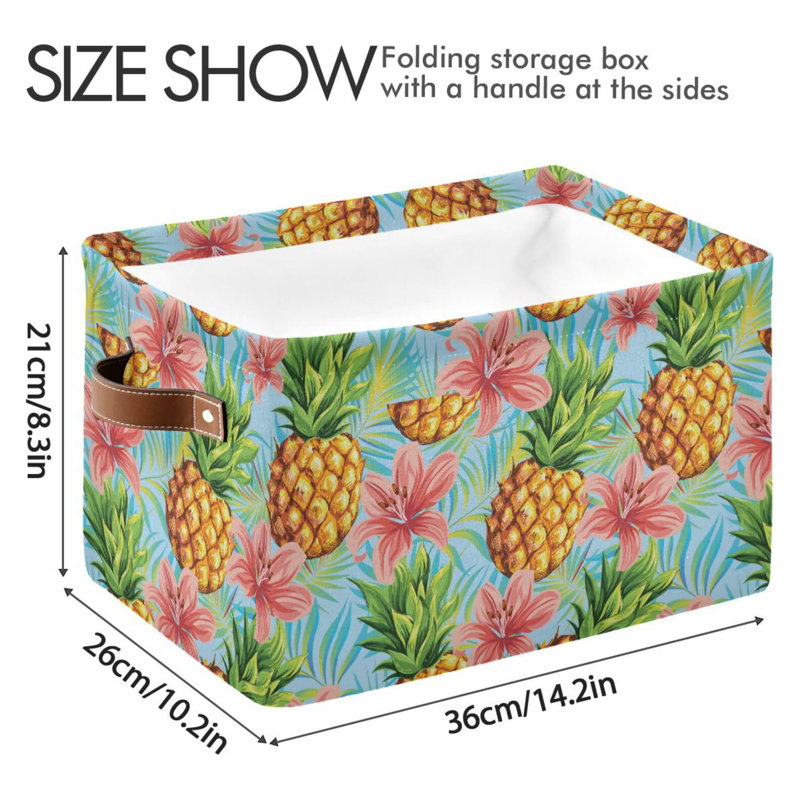 xigua Pineapple Storage Basket 1 Pack, Foldable Canvas Fabric Rectangular Storage Bin with Handles for Home, Closet, Office, Bedroom