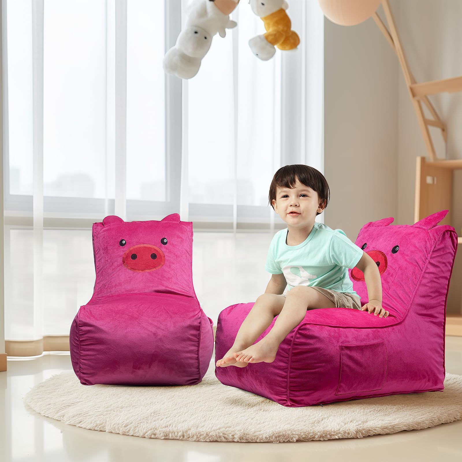 Cvortll Bean Bag Chair for Kids, Cute Pig L-Shape Animal Bean Bag Sofa with Top Handles and Side Pockets, Cute Soft and Comfy Bean Bag Chair with Filler Included, Ages 1+ Children's Day Gifts