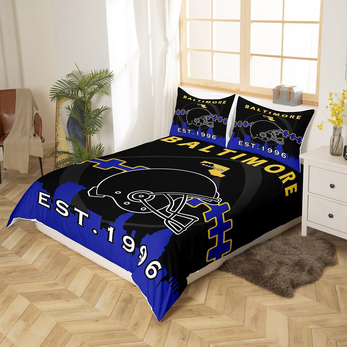 Erosebridal Queen Sports Duvet Cover,American Football Bedding Set,Boys Football American Football Lovers Comforter Cover,Sports Themed Bed Sets with 2 Pillowcases Bedroom Decor(Baltimore)