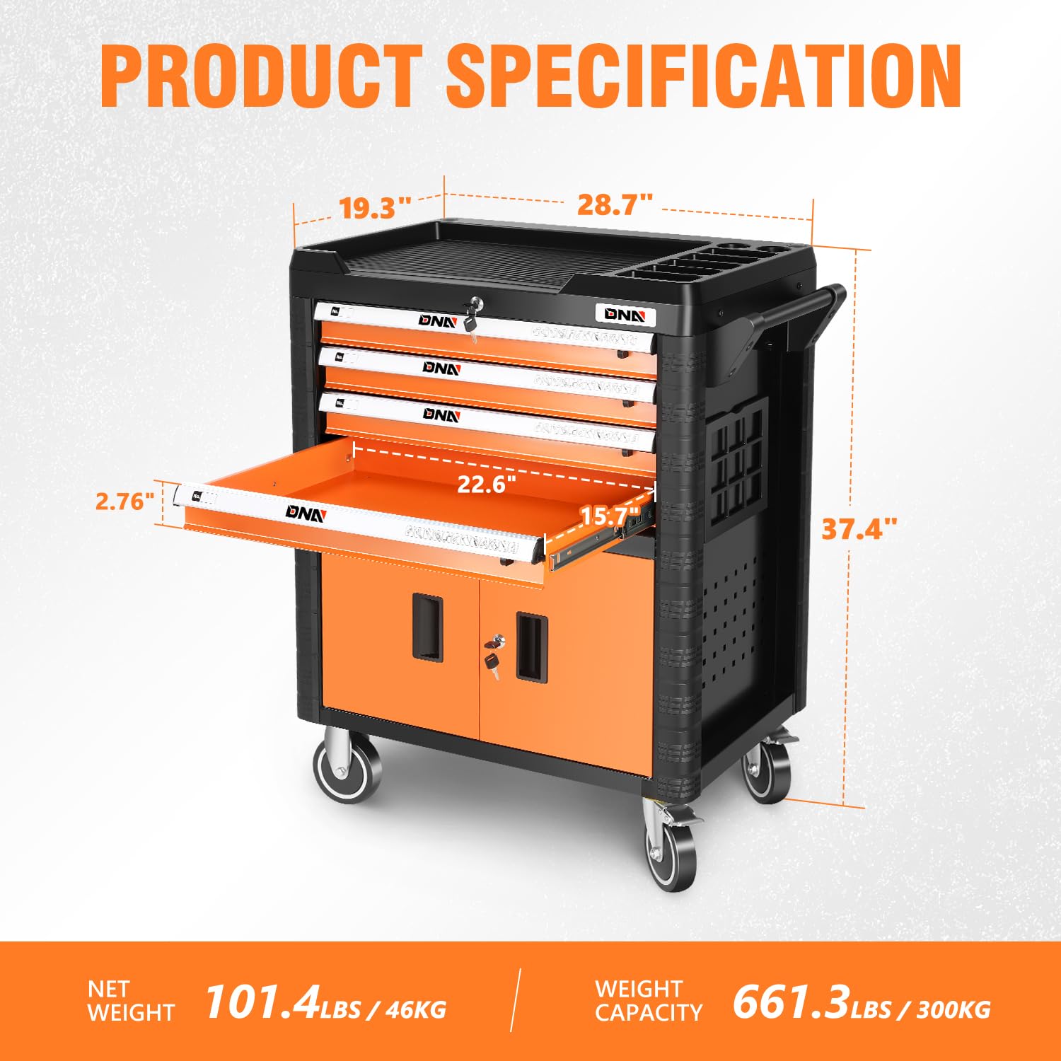 DNA MOTORING 4-Drawers Roller Tool Chest Cabinet with Casters, Locking System, Top Worktop, for Garage Warehouse Workshop, Orange, TOOLS-00402