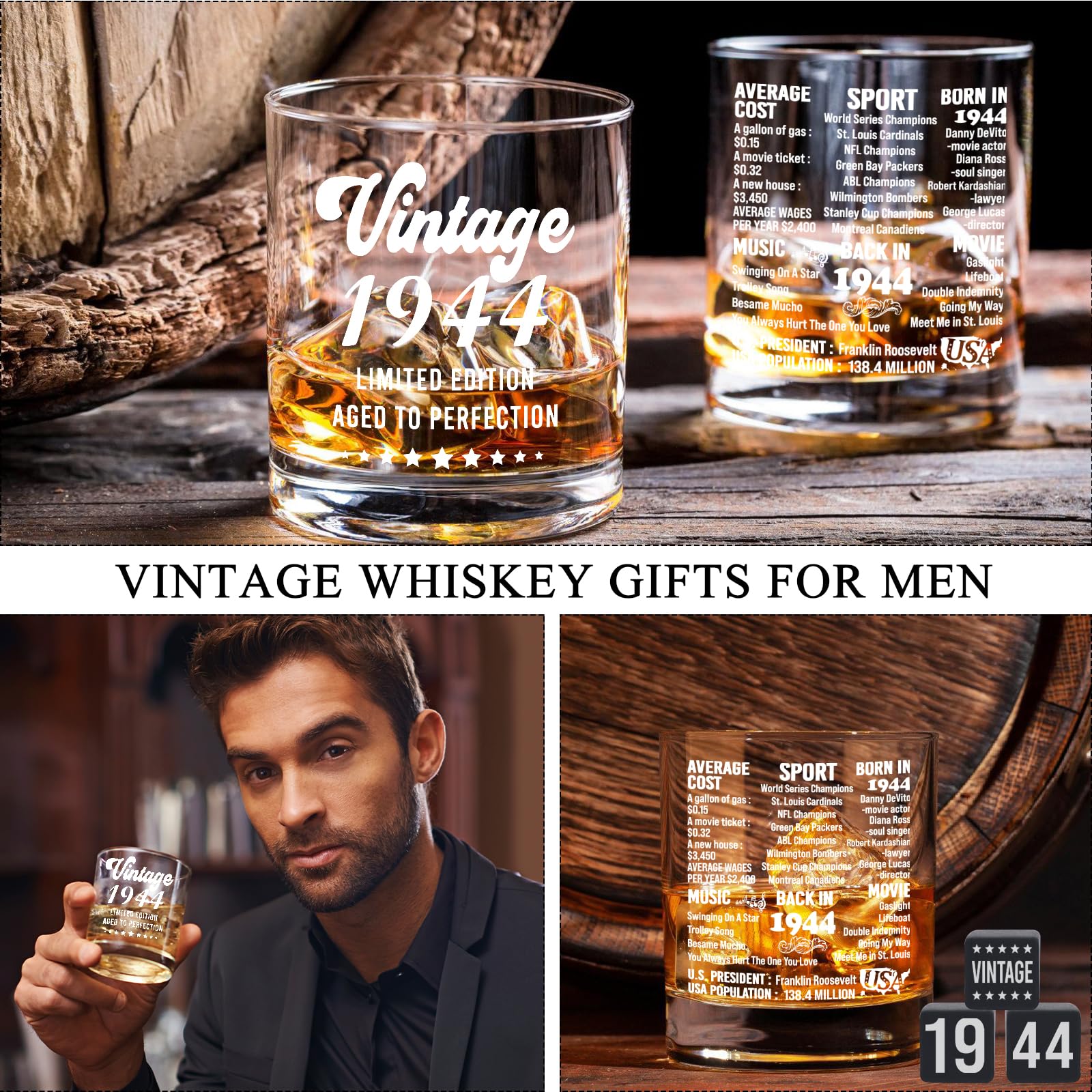 LEJIAJINW 80th Birthday Gifts for Men - 80th Whiskey Birthday Decorations Men - 80 Year Old Gifts for Men - 80th Bday Gifts Ideas for Men Dad Husband Friends - Whiskey Glasses Set Gifts for Men