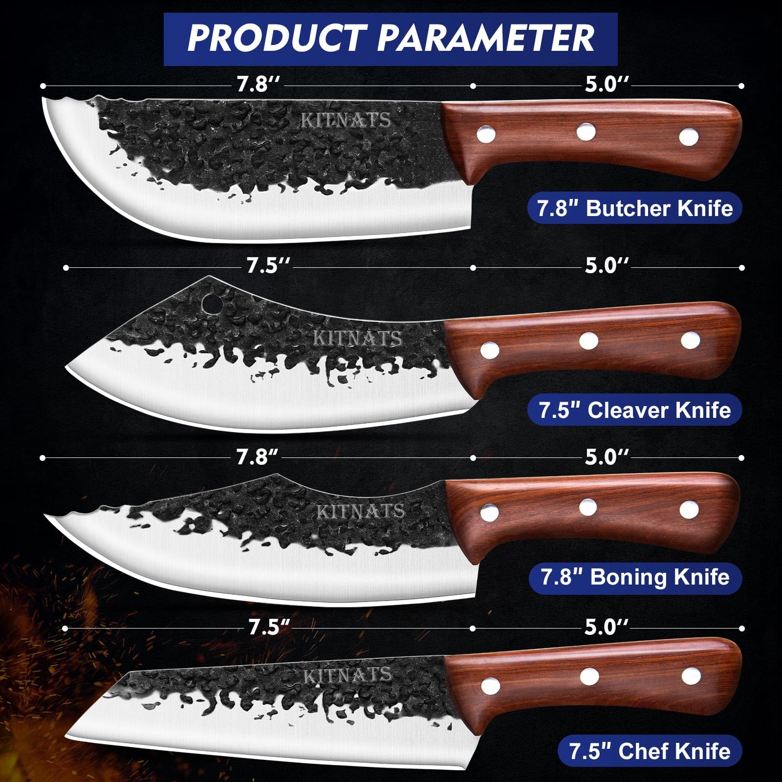 KITNATS 4PCS Hand Forged Butcher Knife Set - Kiritsuke Knife, Meat Cleaver Knife, Boning knife, Butcher Knife, High Carbon Steel Meat Cutting Knife for Home Kitchen & Outdoor…