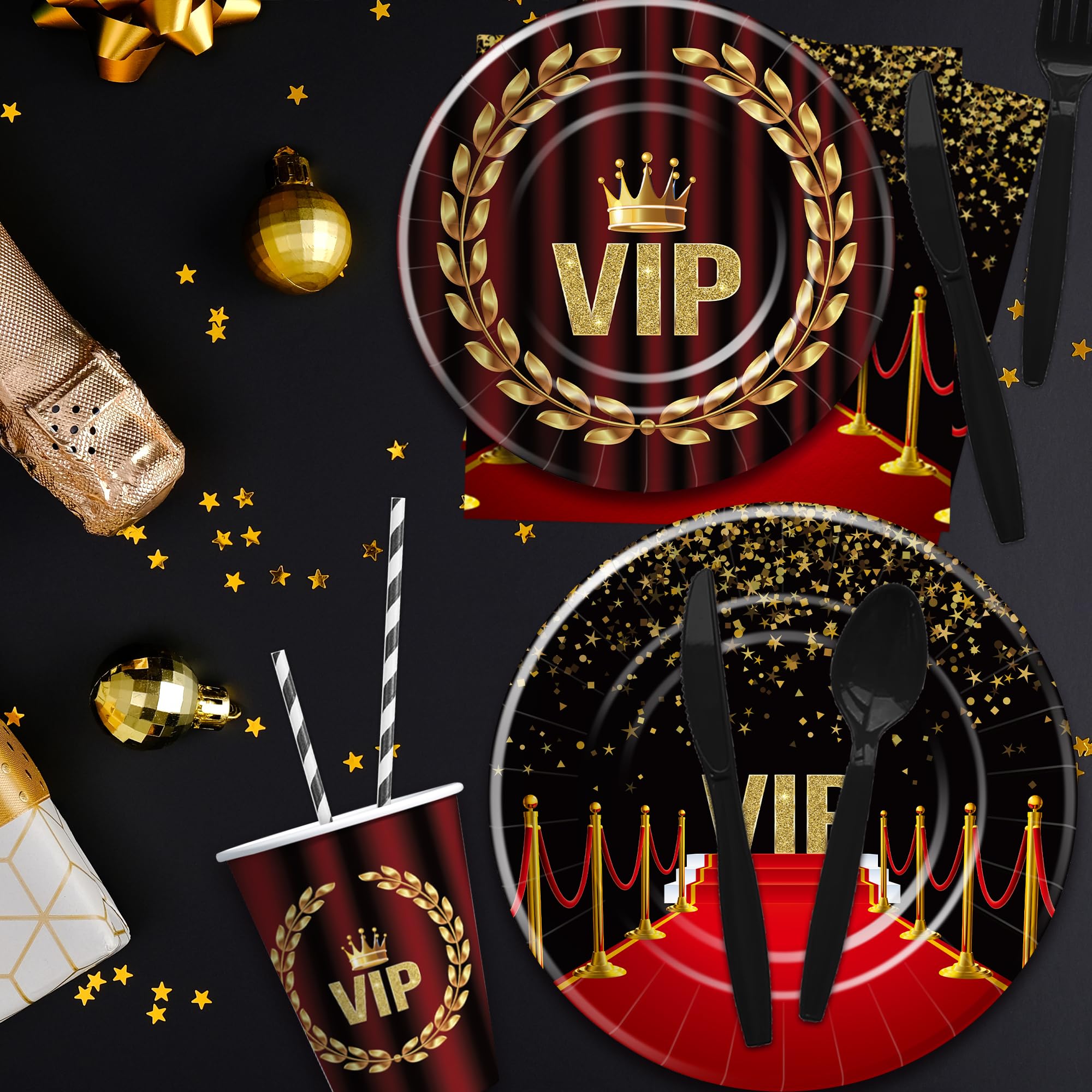 Xenorik VIP Party Decorations Tableware - Movie Star Red Carpet Birthday Party Supplies, Plate, Cup, Napkin, Tablecloth, Cutlery, Film Show VIP Pass Red Carpet Activity Prom Party Supplies | Serve 24