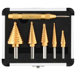 worture 5pcs step drill bit set with automatic center punch, hss titanium coated unibit step drill bits, 50 sizes step bits for metal, aluminum, wood, plastic, with storage case