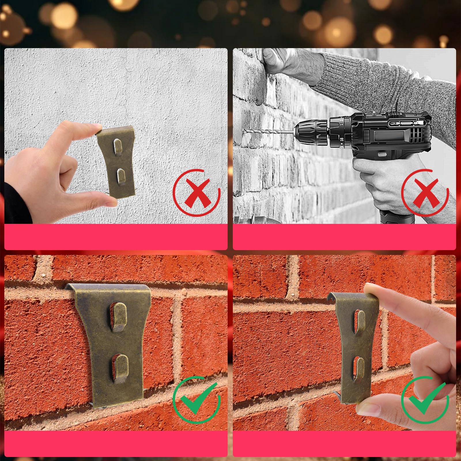 12Pcs Brick Clips or Brick Hangers for Hanging Outdoors, Brick Wall Clips Fits 2-1/4 to 2-2/5 Inch for Hanging Wreaths Lights Garlands Pictures, Brick Wall Hook Clips No Drill