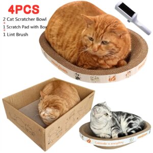 Miwoowim 4PCS 2 Cat Scratcher Bowl +1 Corrugated Scratch Pad with Box+ 1 Brush,Oval Shape Cat Scratcher Cardboard Bed, Cat Scratching Lounge Bed, Cute Round Cat Scratcher