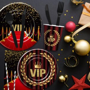 Xenorik VIP Party Decorations Tableware - Movie Star Red Carpet Birthday Party Supplies, Plate, Cup, Napkin, Tablecloth, Cutlery, Film Show VIP Pass Red Carpet Activity Prom Party Supplies | Serve 24