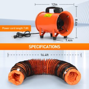 Rengue 8 Inches Utility Blower/Exhaust with 16.4 FT Hose Fan, 3300 r/min High Velocity Low Noise Extraction and Ventilation Fan with Duct Hose