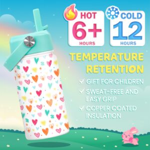 Kids Water Bottle with Straw Lid - Insulated 12 Oz Stainless Steel Water Bottles for Girls Toddlers - Heart Water Bottle Travel Cup for School Sports