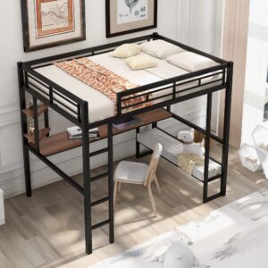 Harper & Bright Designs Metal Full Size Loft Bed Frame, Loft Bed Full with Long Desk and Shelves, Space Saving Full Loft Bed with Desk Underneath for Kids,Teens,Girls,Boys,Black