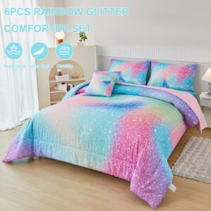 PERFEMET Pink Green Girls Twin Comforter Set, 6 Pieces Colorful Rainbow Kids Bedding Sets, Tie Dye Ombre Glitter Bed in A Bag Comforter Set with Sheets