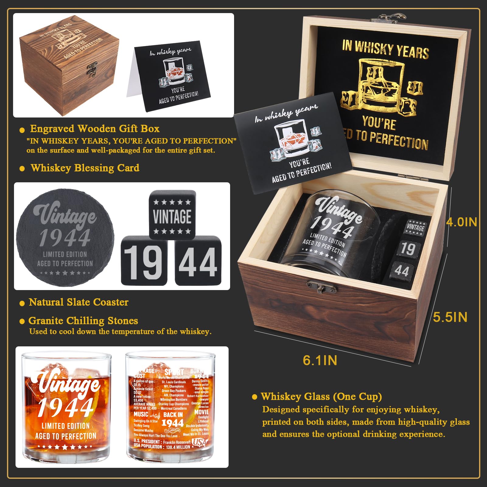 LEJIAJINW 80th Birthday Gifts for Men - 80th Whiskey Birthday Decorations Men - 80 Year Old Gifts for Men - 80th Bday Gifts Ideas for Men Dad Husband Friends - Whiskey Glasses Set Gifts for Men