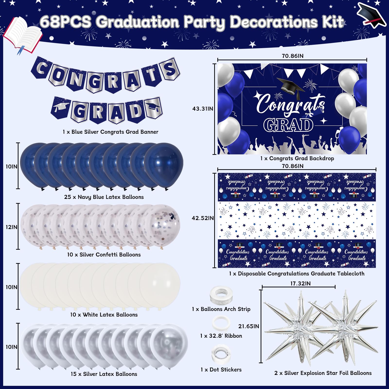 Graduation Decorations Class of 2024, Navy Blue Graduation Party Decorations 2024 Congrats Grad Banner Backdrop, Tablecloth, Star Foil Balloons Arch, 2024 Grad Decor for College High School Nurse