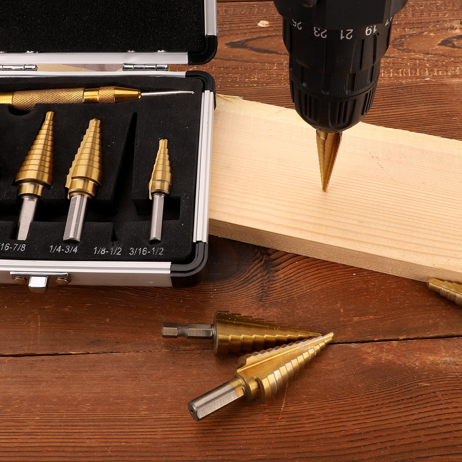 WORTURE 5PCS Step Drill Bit Set with Automatic Center Punch, HSS Titanium Coated Unibit Step Drill Bits, 50 Sizes Step Bits for Metal, Aluminum, Wood, Plastic, with Storage Case