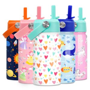 kids water bottle with straw lid - insulated 12 oz stainless steel water bottles for girls toddlers - heart water bottle travel cup for school sports