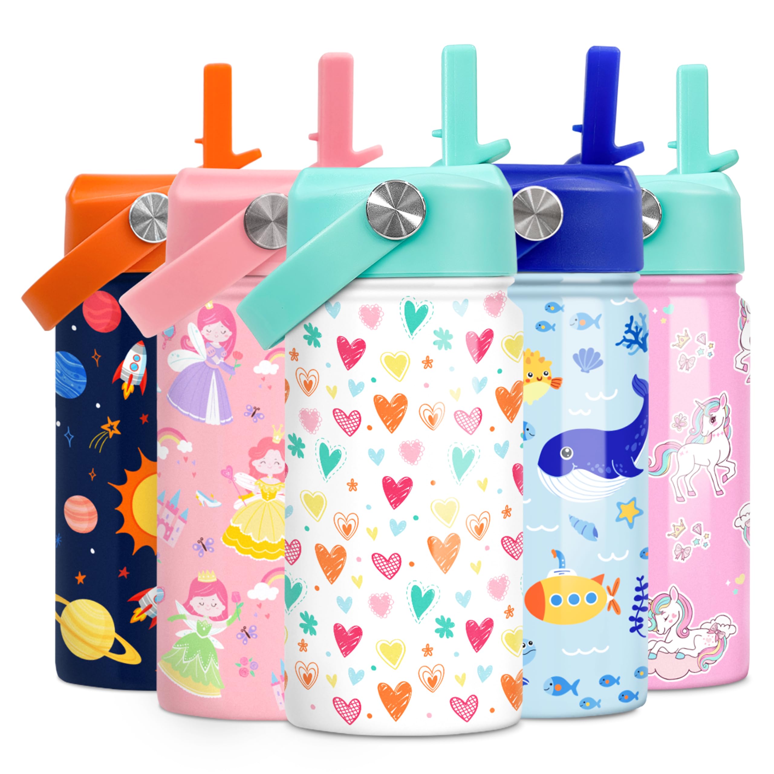 Kids Water Bottle with Straw Lid - Insulated 12 Oz Stainless Steel Water Bottles for Girls Toddlers - Heart Water Bottle Travel Cup for School Sports